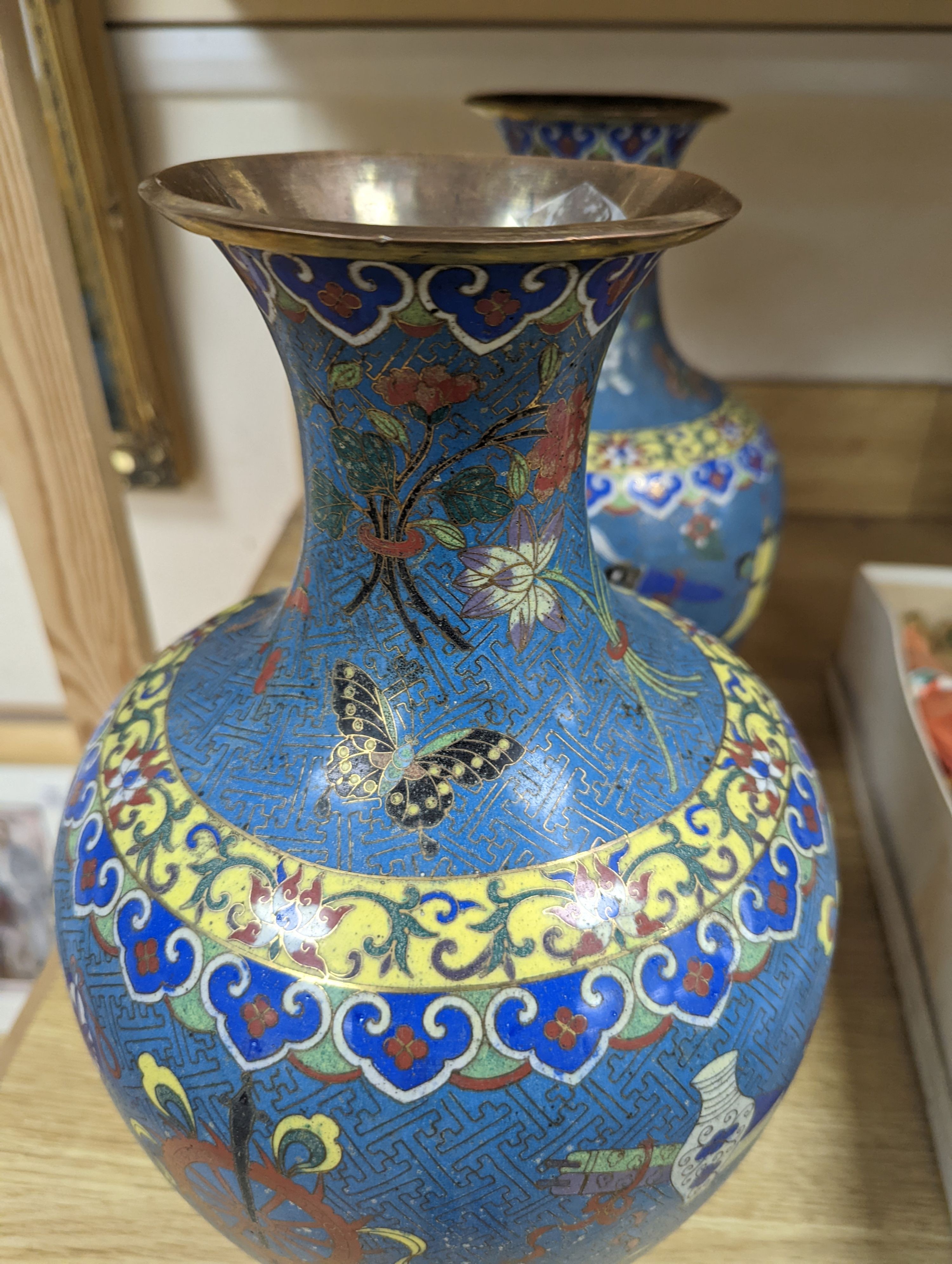 A pair of late 19th/early 20th century Chinese cloisonné enamel ‘Buddhist emblems’ vases 36cm